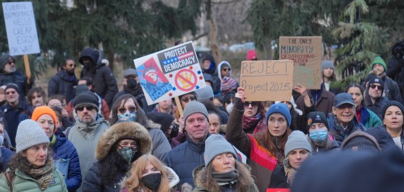 People gathered in City Hall in Downtown, Manhattan on Wednesday to oppose the early actions of President Donald Trump's administration and the Project 2025 in New York City, United States.