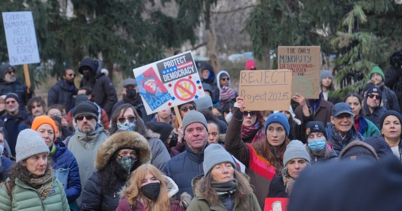 People gathered in City Hall in Downtown, Manhattan on Wednesday to oppose the early actions of President Donald Trump's administration and the Project 2025 in New York City, United States.