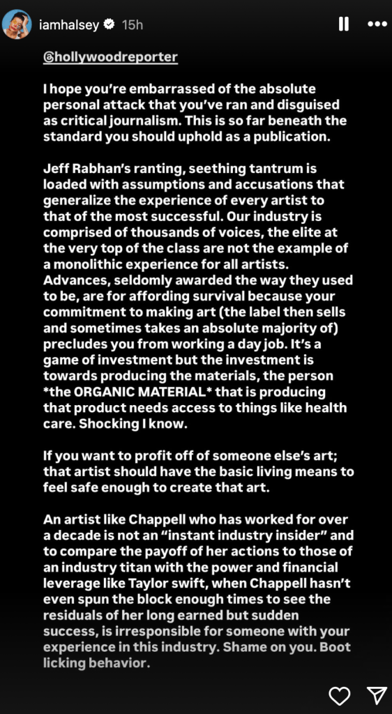 Halsey posted an Instagram Story defending Chappell Roan from the “personal attack” op-ed. 