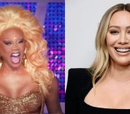 A still of RuPaul laughing on Global All Stars (left). A photo of Hilary Duff smiling widely in a black dress (right).