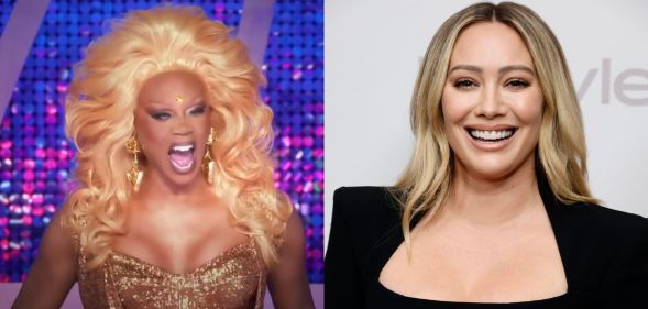 A still of RuPaul laughing on Global All Stars (left). A photo of Hilary Duff smiling widely in a black dress (right).