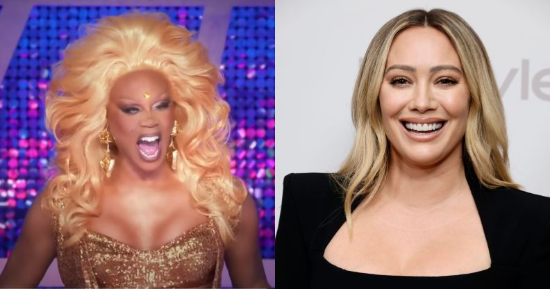 A still of RuPaul laughing on Global All Stars (left). A photo of Hilary Duff smiling widely in a black dress (right).