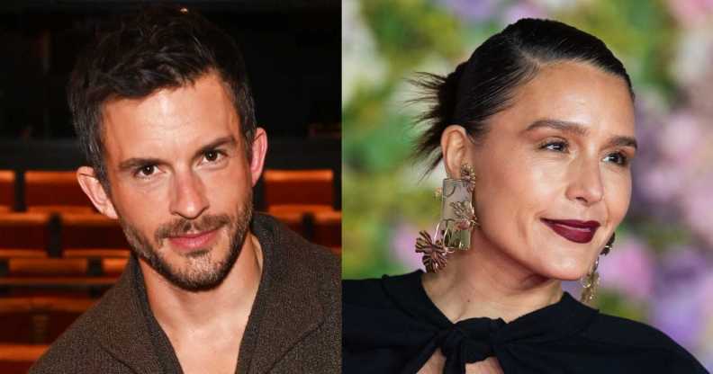 Jonathan Bailey poses onstage while Jessie Ware poses at the "Bridget Jones: Mad About The Boy" World Premiere.