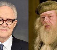 On the left, John Lithgow smiles wearing a suit and tie against a grey background. On the right, Harry Potter star Michael Gambon as Dumbledore.