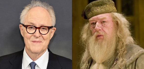 On the left, John Lithgow smiles wearing a suit and tie against a grey background. On the right, Harry Potter star Michael Gambon as Dumbledore.