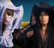 Lady Gaga and Beyonce in head to toe chiffon gowns in the telephone music video