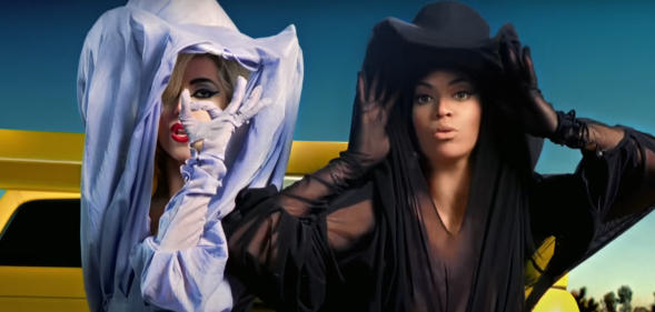 Lady Gaga and Beyonce in head to toe chiffon gowns in the telephone music video