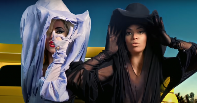 Lady Gaga and Beyonce in head to toe chiffon gowns in the telephone music video