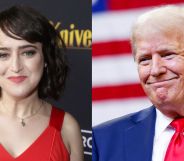 Mara Wilson (left) poses in a red dress on a red carpet, smiling. On the right, Donald trump in a blue suit and red tie, scrunching his face up into a smile.