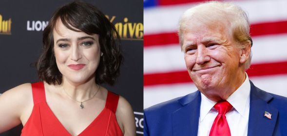 Mara Wilson (left) poses in a red dress on a red carpet, smiling. On the right, Donald trump in a blue suit and red tie, scrunching his face up into a smile.