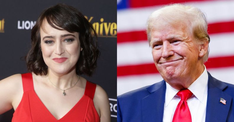 Mara Wilson (left) poses in a red dress on a red carpet, smiling. On the right, Donald trump in a blue suit and red tie, scrunching his face up into a smile.