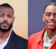 On the left, Marlon Wayans in a black blazer and white shirt against a beige background. On the right, Soula Boy in a orange jacked, chains and stood against a grey background