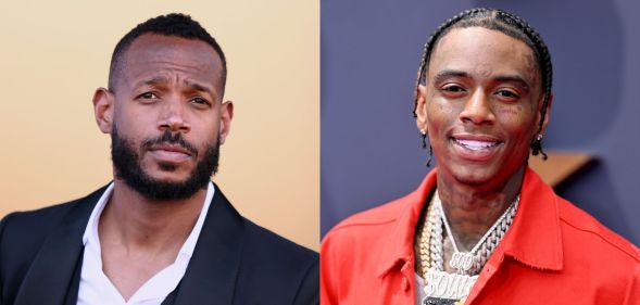 On the left, Marlon Wayans in a black blazer and white shirt against a beige background. On the right, Soula Boy in a orange jacked, chains and stood against a grey background