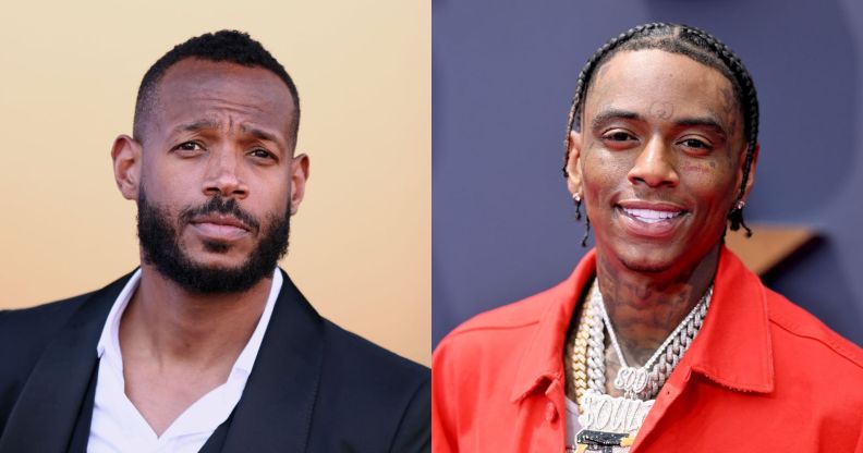 On the left, Marlon Wayans in a black blazer and white shirt against a beige background. On the right, Soula Boy in a orange jacked, chains and stood against a grey background