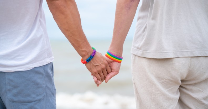 Back view gay couple holding hands at the beach.