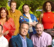 A promotional image for Australian soap neighbours featuring 10 members of the cast looking at the camera wearing colourful clothing