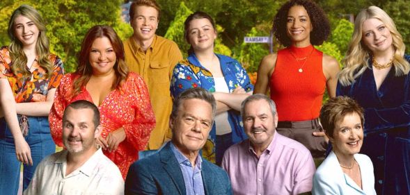 A promotional image for Australian soap neighbours featuring 10 members of the cast looking at the camera wearing colourful clothing