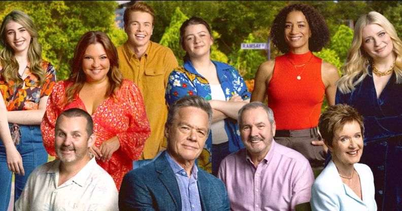 A promotional image for Australian soap neighbours featuring 10 members of the cast looking at the camera wearing colourful clothing