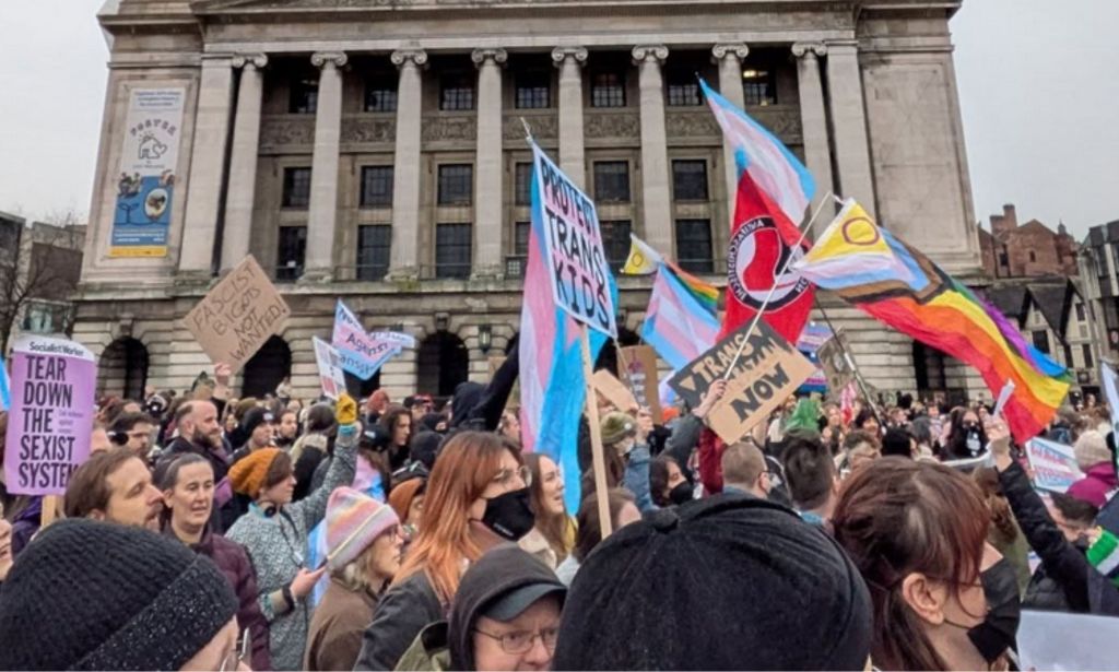 Pro-trans campaigners for Nottingham Against Transphobia. 