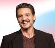 Pedro Pascal in a brown suit jacket smiling, overlayed over a pink, white and light blue background