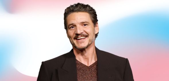 Pedro Pascal in a brown suit jacket smiling, overlayed over a pink, white and light blue background