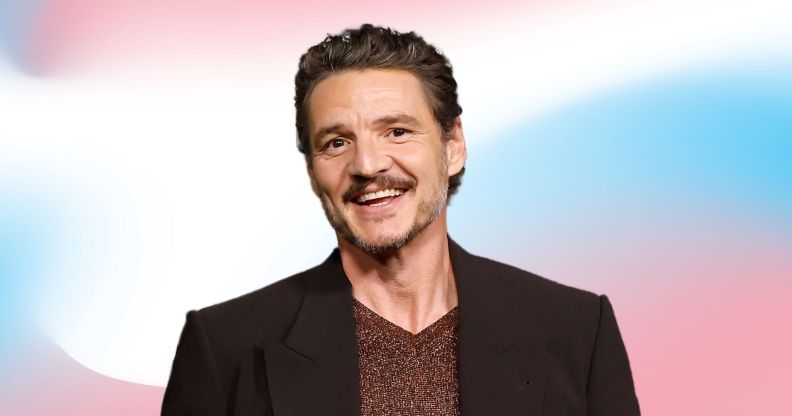 Pedro Pascal in a brown suit jacket smiling, overlayed over a pink, white and light blue background