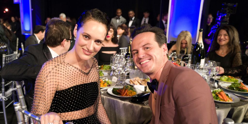 Phoebe Waller-Bridge and Andrew Scott seated and smiling at the 2020 SAG Awards