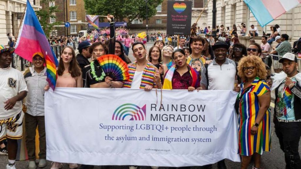 Rainbow Migration at a protest.