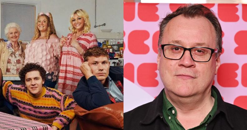 On the left, a promotional image featuring the cast of Channel 4 comedy Big Boys. They are all lounging around on a sofa set. On the right, a photo of Russell T Davies in glasses, and a dark shirt, against a pink and red background.