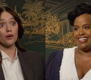 Aimee Lou Wood lifting her hand up with a shocked expression and Natasha Rothwell smiling in two separate stills from an interview with PinkNews.