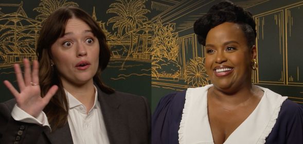 Aimee Lou Wood lifting her hand up with a shocked expression and Natasha Rothwell smiling in two separate stills from an interview with PinkNews.