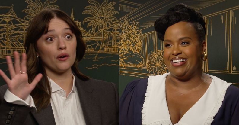 Aimee Lou Wood lifting her hand up with a shocked expression and Natasha Rothwell smiling in two separate stills from an interview with PinkNews.