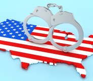 3D Handcuffs with USA Country Shape with American Flag - Colored Background - 3D Rendering