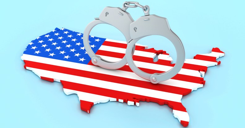 3D Handcuffs with USA Country Shape with American Flag - Colored Background - 3D Rendering