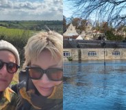 Split photo of Ellen DeGeneres and Portia de Rossi, and flooding in the UK after Storm Bert.