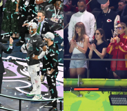 Split photo of the Philadelphia Eagles' Super Bowl 2025 win, and Taylor Swift in the stands.