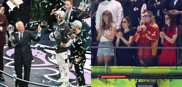 Split photo of the Philadelphia Eagles' Super Bowl 2025 win, and Taylor Swift in the stands.