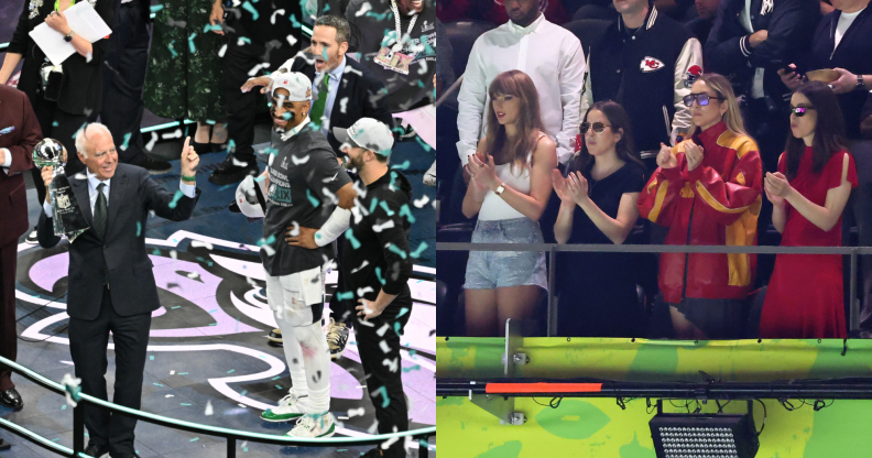 Split photo of the Philadelphia Eagles' Super Bowl 2025 win, and Taylor Swift in the stands.