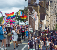 Split photo of a Pride march, and Windsor.