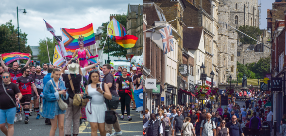 Split photo of a Pride march, and Windsor.