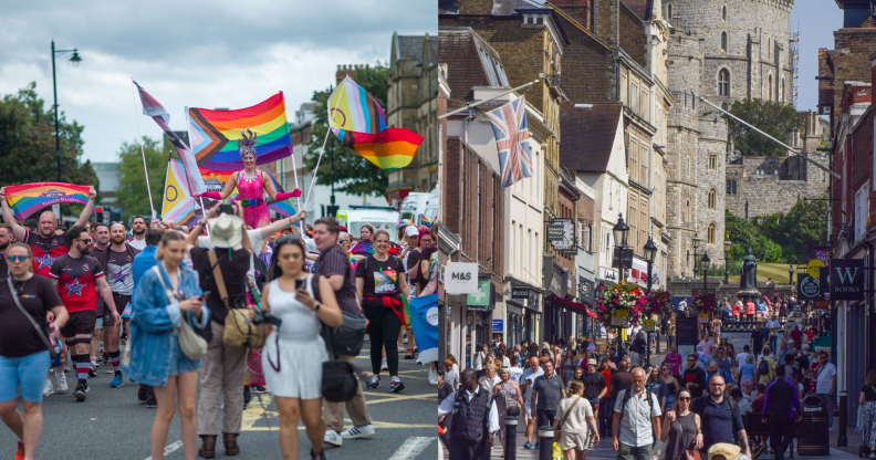 Split photo of a Pride march, and Windsor.