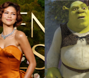 Split photo of Zendaya and Shrek.