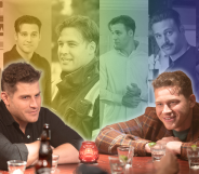 Buck and Tommy in the bar with a background made up of pictures of Eddie with a rainbow overlay