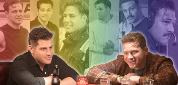 Buck and Tommy in the bar with a background made up of pictures of Eddie with a rainbow overlay