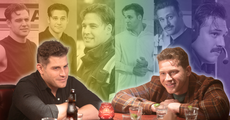 Buck and Tommy in the bar with a background made up of pictures of Eddie with a rainbow overlay