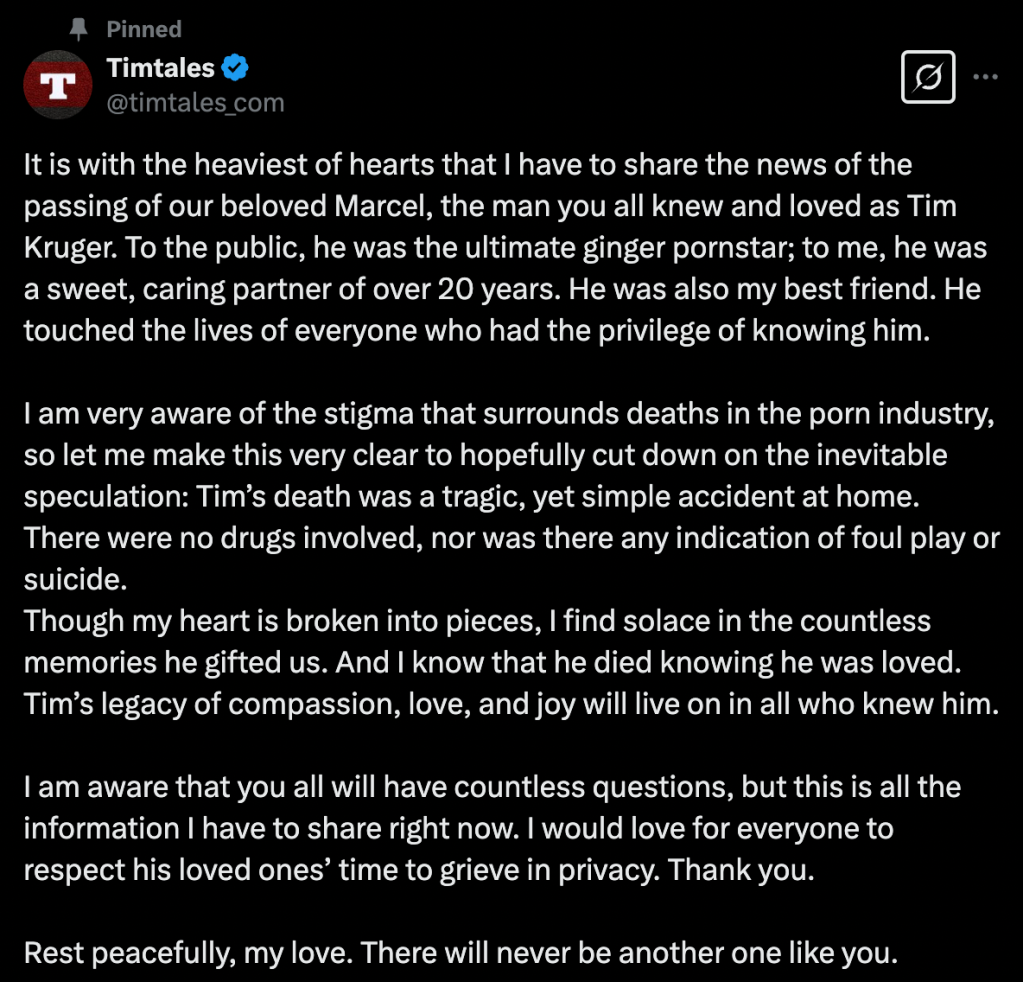 A post by TimTales states that gay adult film actor Tim Kruger has died. 