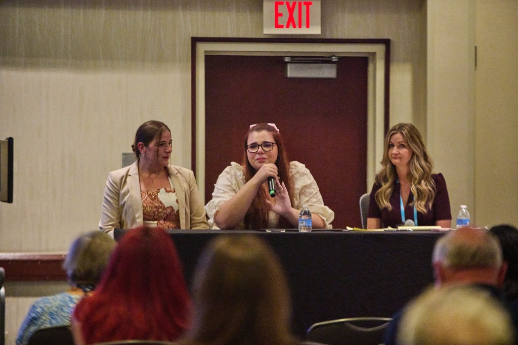 From left to right: Tammy Fournier, Autumn Fournier, and January Littlejohn discuss legal victories at the 2024 Moms for Liberty National Summit in Washington DC in August 2024