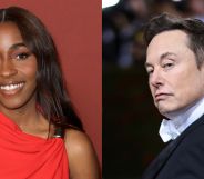 a side by side image of ayo edebiri at a premiere for Opus and elon musk at the met gala