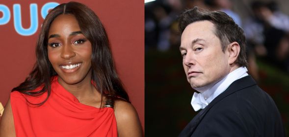 a side by side image of ayo edebiri at a premiere for Opus and elon musk at the met gala