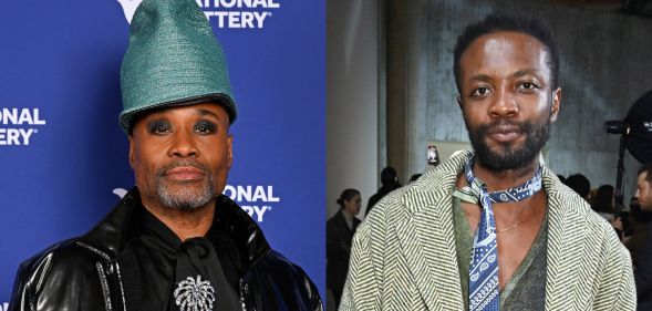 On the left, Billy Porter in a black jacket and blue hat against a blue background. On the right, Omari Douglas at Paris Fashion Week